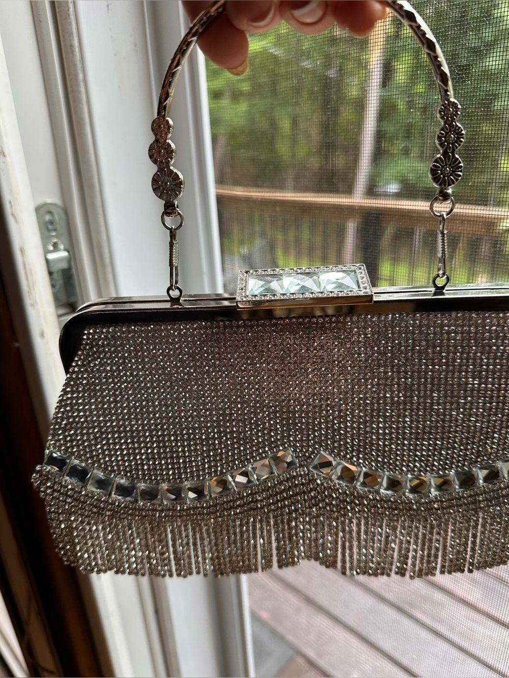 Silver crystal rhinestone Evening Clutch Handbag with Fringe - Picture 4 of 9